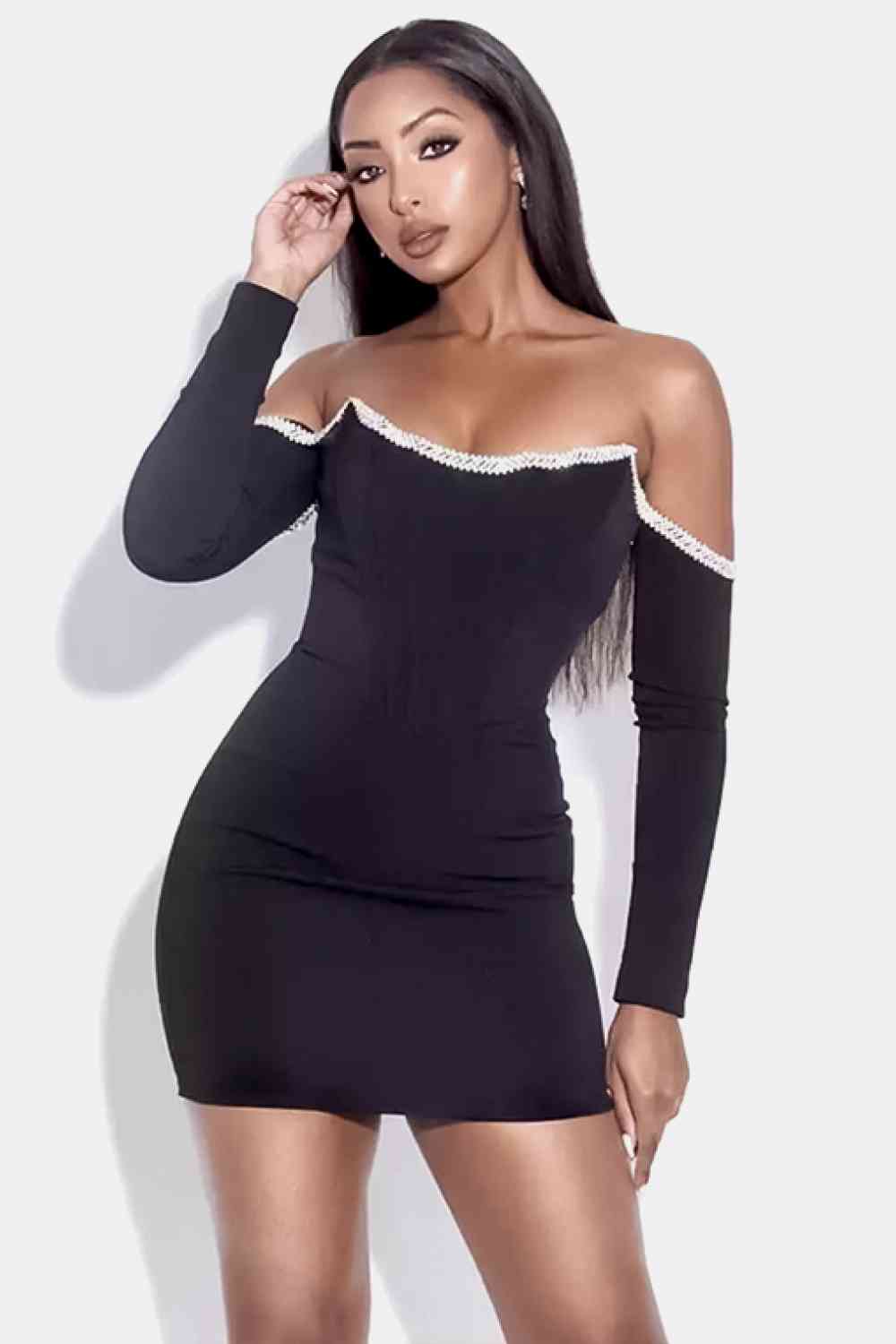 Rhinestone Trim Off-Shoulder Bandage Dress