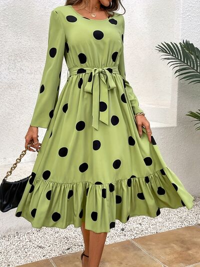 Tied Polka Dot Round Neck Ruffle Hem Dress